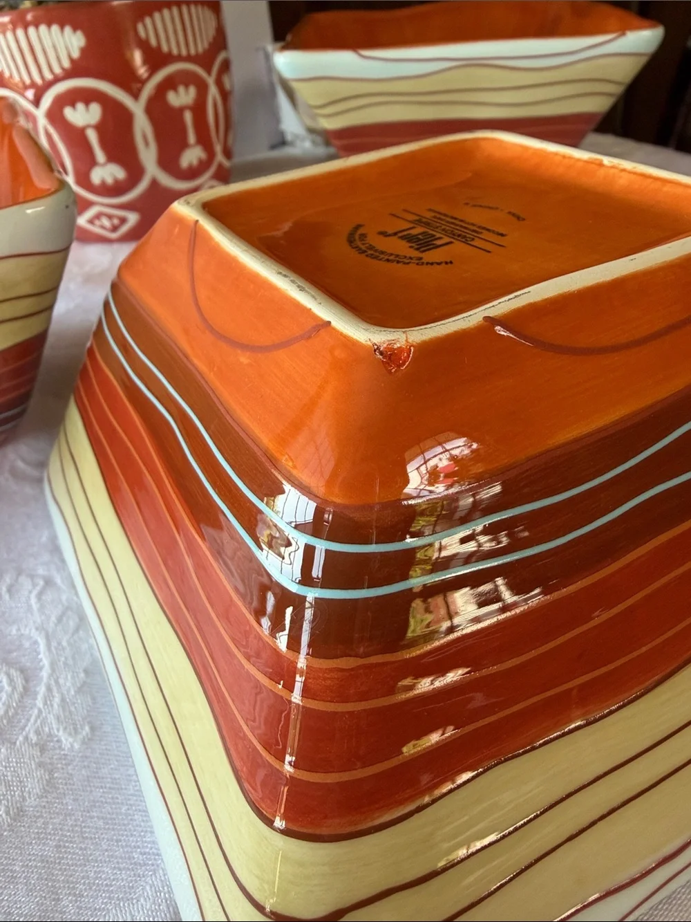 Pier 1 Hand-Painted Striped Ceramic Bowls in Warm Tones